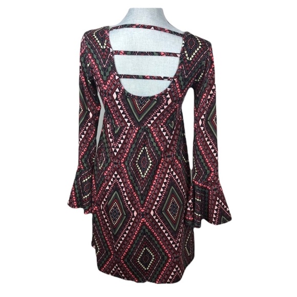 Bongo Retro Print Bell Sleeve Dress w Strap Back Size Small - Picture 3 of 11